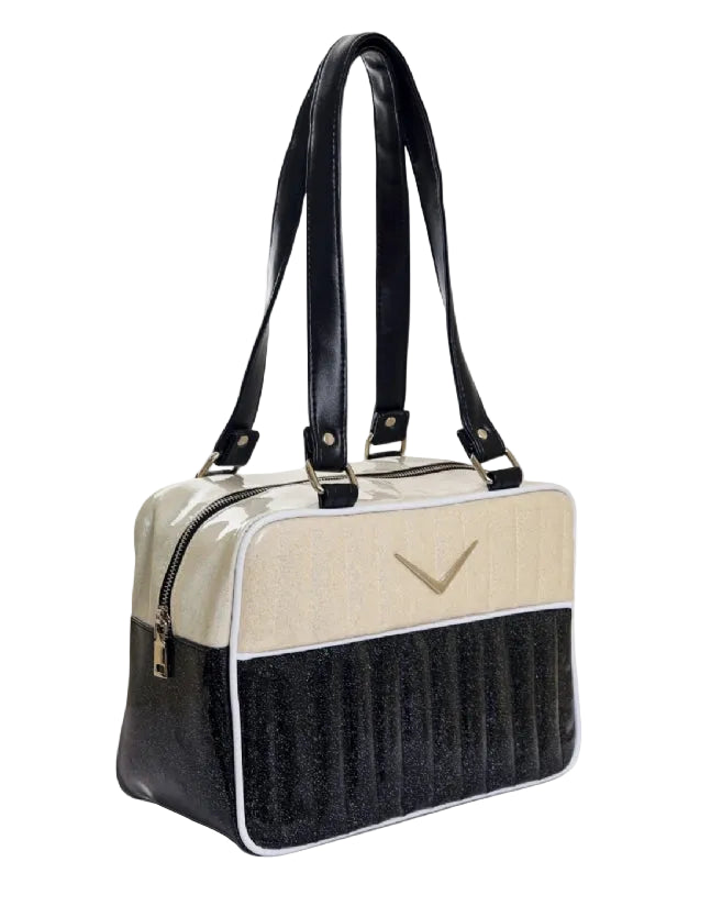 Liquorbrand Vixen Black shoulder bag retro rockabilly handbag with glitter quilted panels