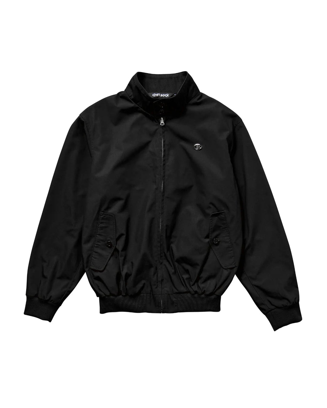 Chet Rock Rebel Harrington Jacket in black, brown and beige with tartan lining and chest hardware