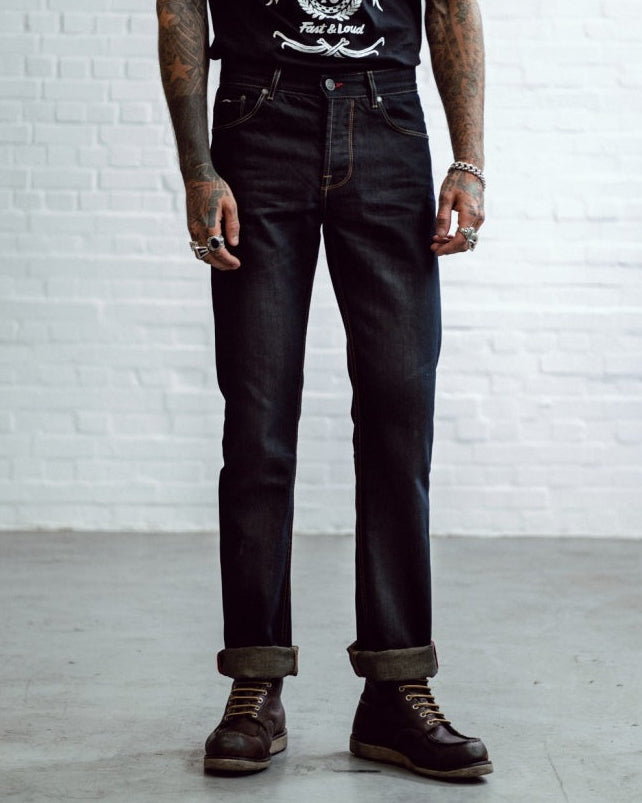 Chet Rock Slim Jim jeans in black or raw denim with slim fit and gunmetal hardware