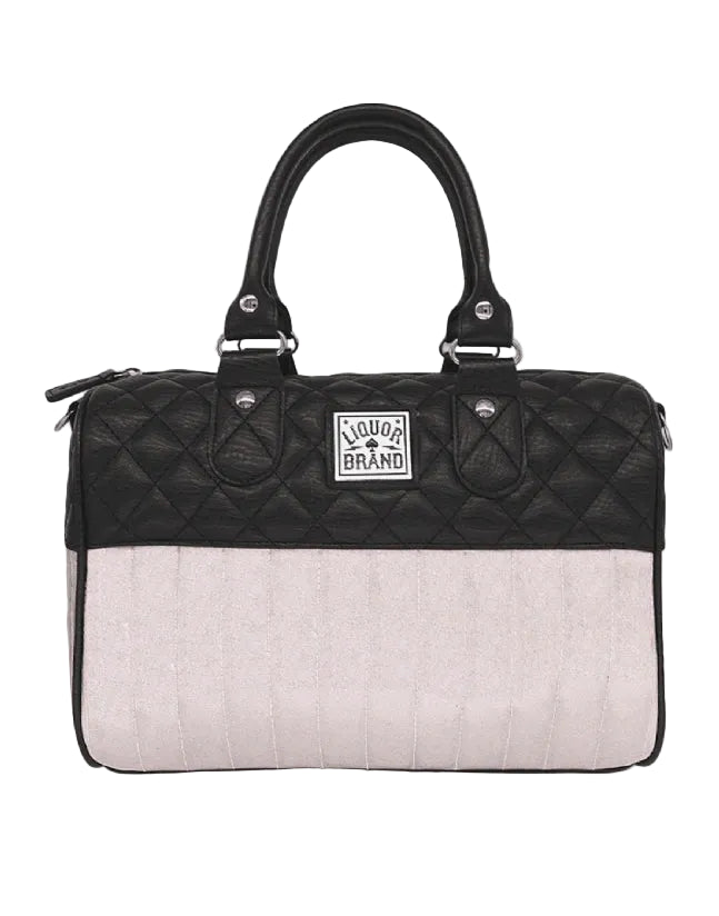 Liquorbrand White Metal Flake bowler bag retro rockabilly handbag with black quilted faux leather