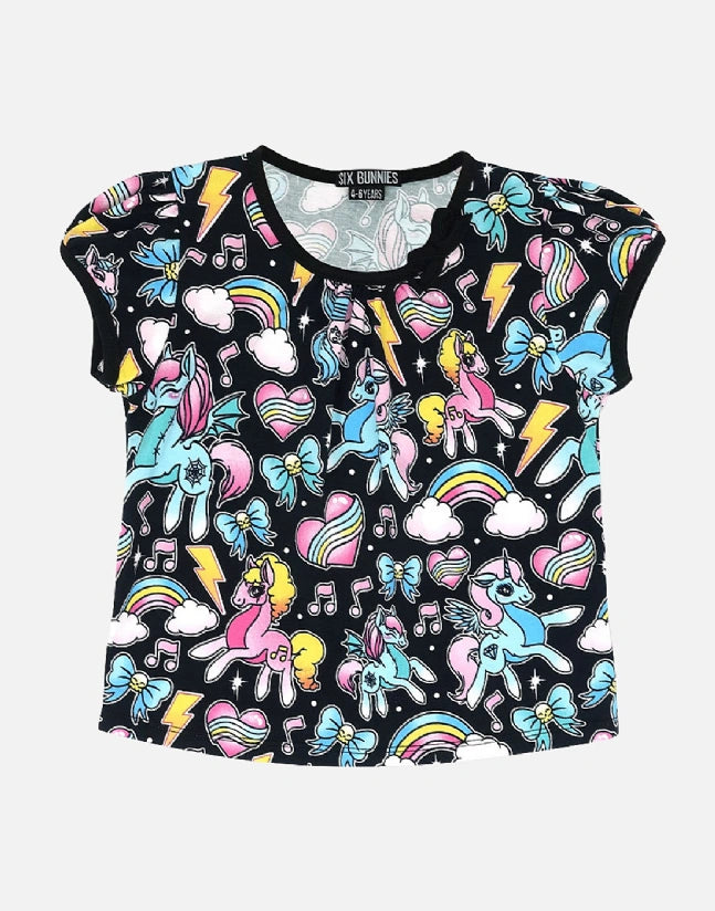 Six Bunnies unicorns kids top black organic cotton rainbow bow shirt vintage style girls top