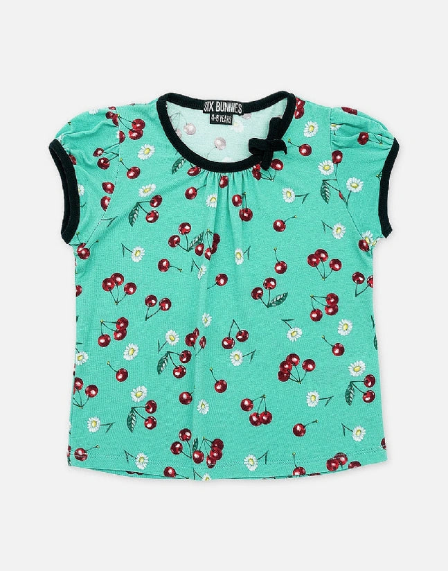 Six Bunnies kids cherry daisy green top rockabilly rayon bow shirt vintage girls top