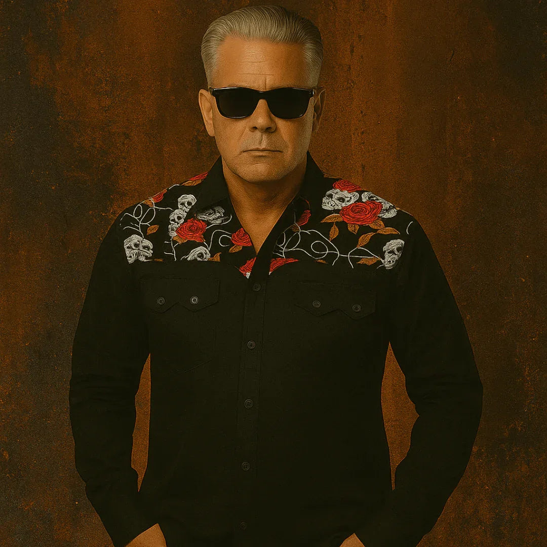 Skulls & roses western shirt men's rockabilly retro style – skull print mens button ups for men Australia – front view