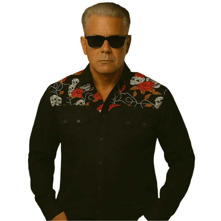 Skulls & roses western shirt men's rockabilly retro style – skull print mens button ups for men Australia