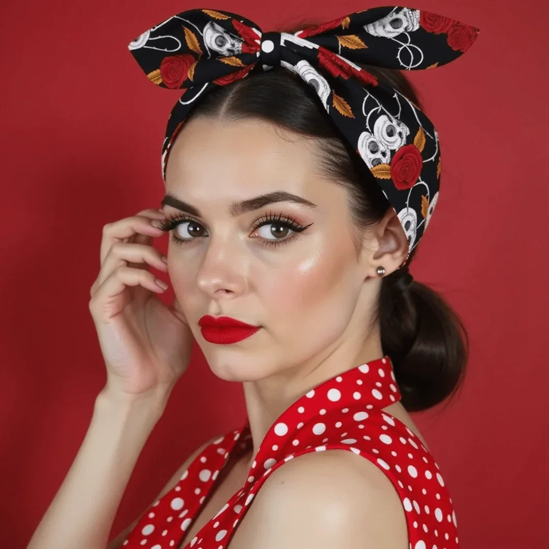 Rockabilly hair tie with skull and roses design worn by model against a red background, showcasing edgy style.