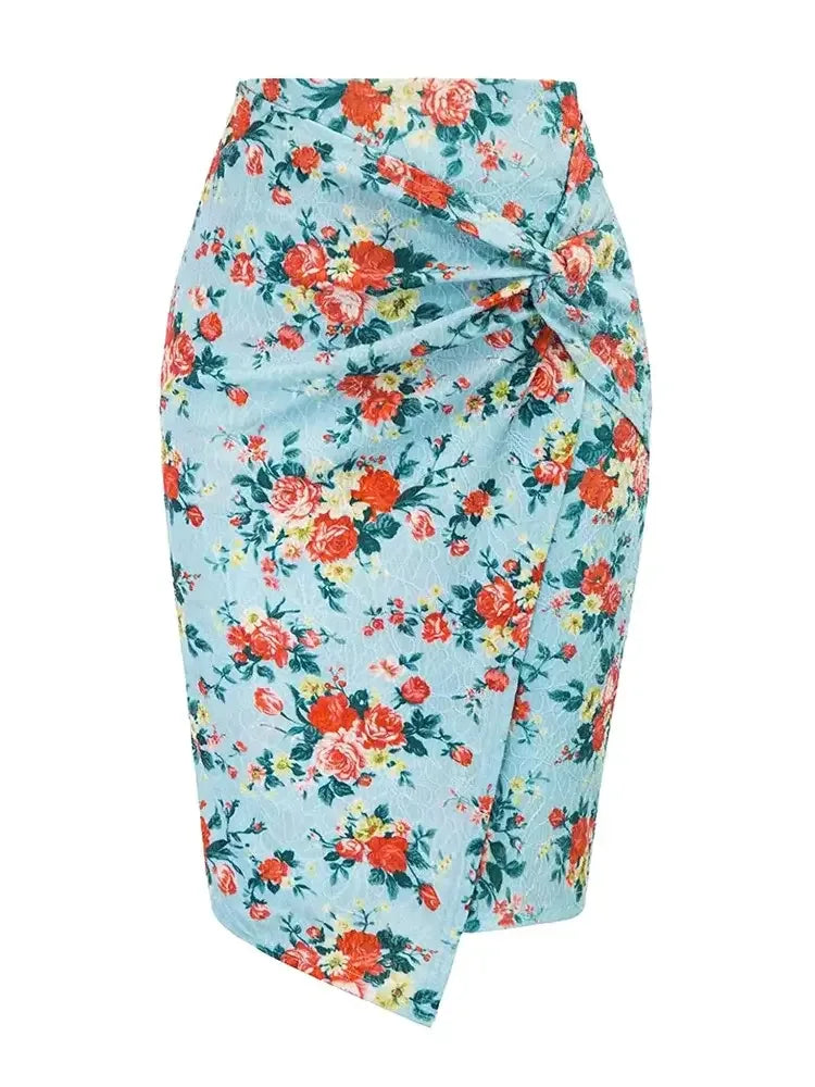 Floral patterned skirt on a light blue background
