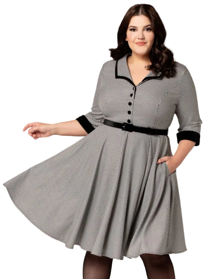 Hell Bunny Teddy Knee Dress in black and white houndstooth with velvet collar trim, 3/4 sleeves and fitted waist