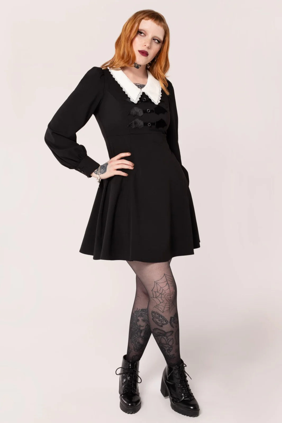 Hell Bunny Batilda Dress – Black Gothic Collar Mini Dress