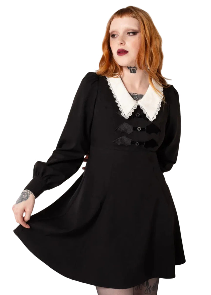 Hell Bunny Batilda dress black gothic mini dress lace collar bat detail long sleeve
