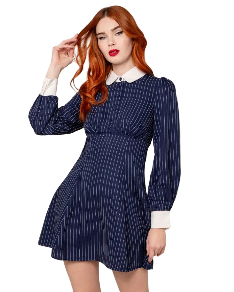 Hell Bunny Costello mini dress navy white pinstripe collared vintage style dress