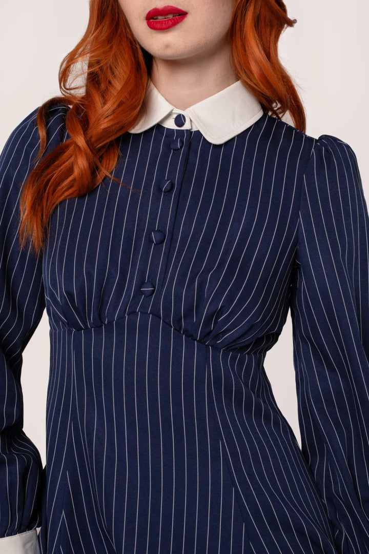 Hell Bunny Costello Mini Dress – Navy Pinstripe Collared Dress