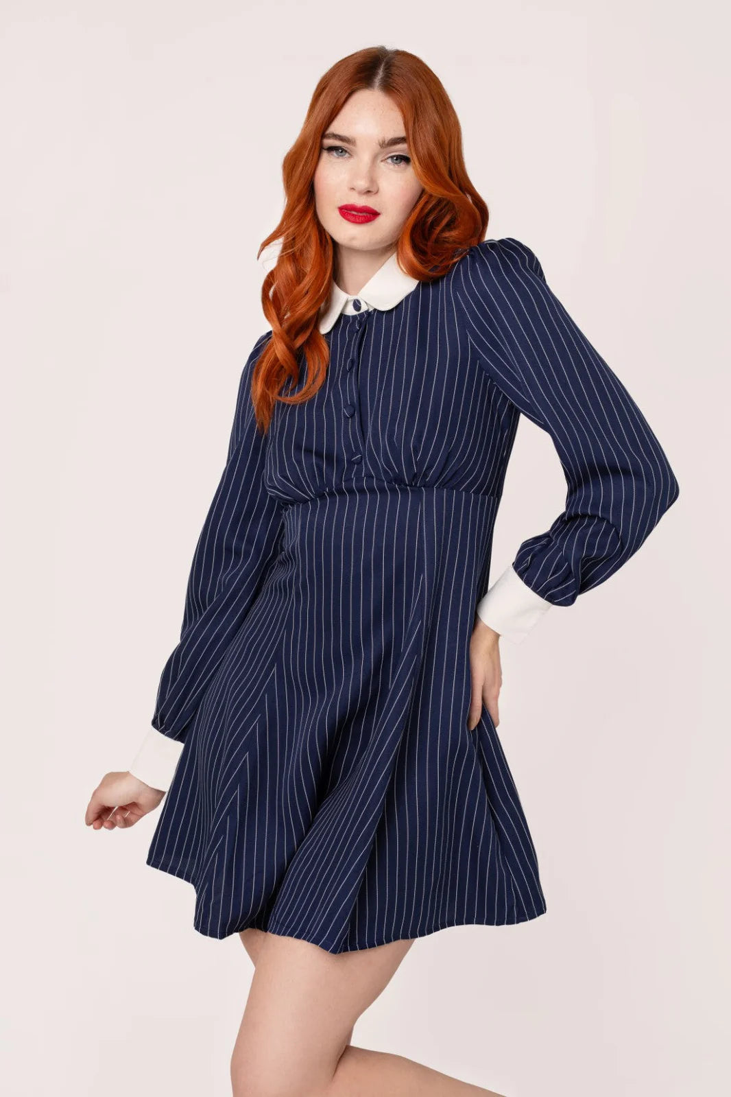 Hell Bunny Costello Mini Dress – Navy Pinstripe Collared Dress