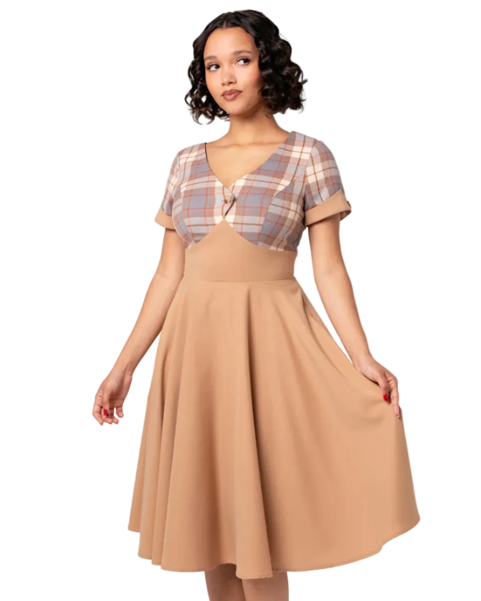 Hell Bunny beige 50s midi dress vintage swing dress tartan panel retro dress with pockets