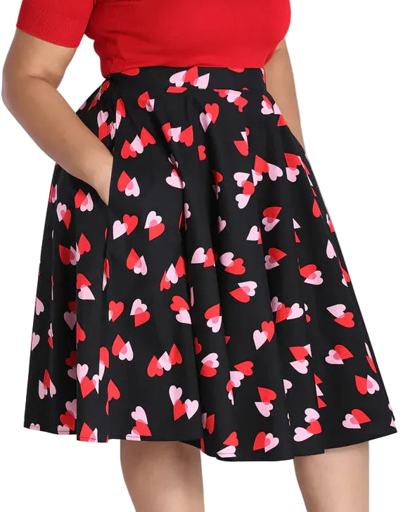Hell Bunny heart print 50s circle skirt black red pink vintage swing skirt high waist retro skirt with pockets