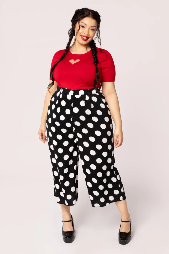 Hell Bunny Dolores Polka Dot Trousers – Black Wide Leg Crop