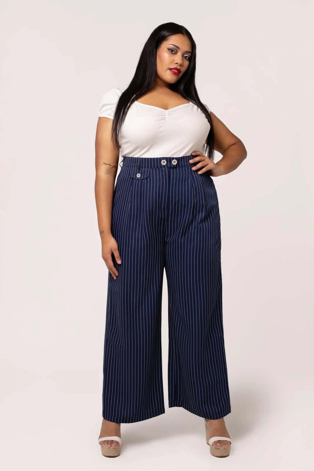 Hell Bunny Costello Pinstripe Wide Leg Trousers