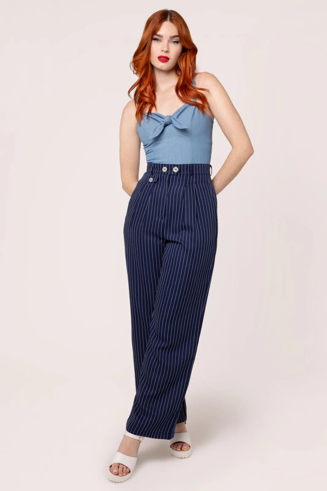 Hell Bunny Costello Pinstripe Wide Leg Trousers