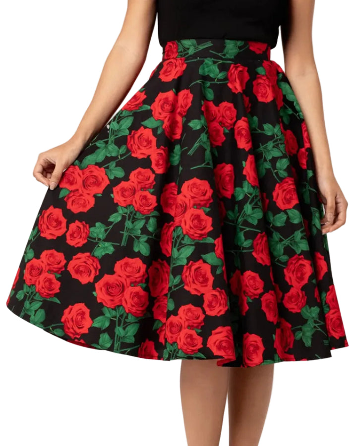 Hell Bunny Dolce Vita rose print circle skirt black red floral 50s vintage full skirt with pockets