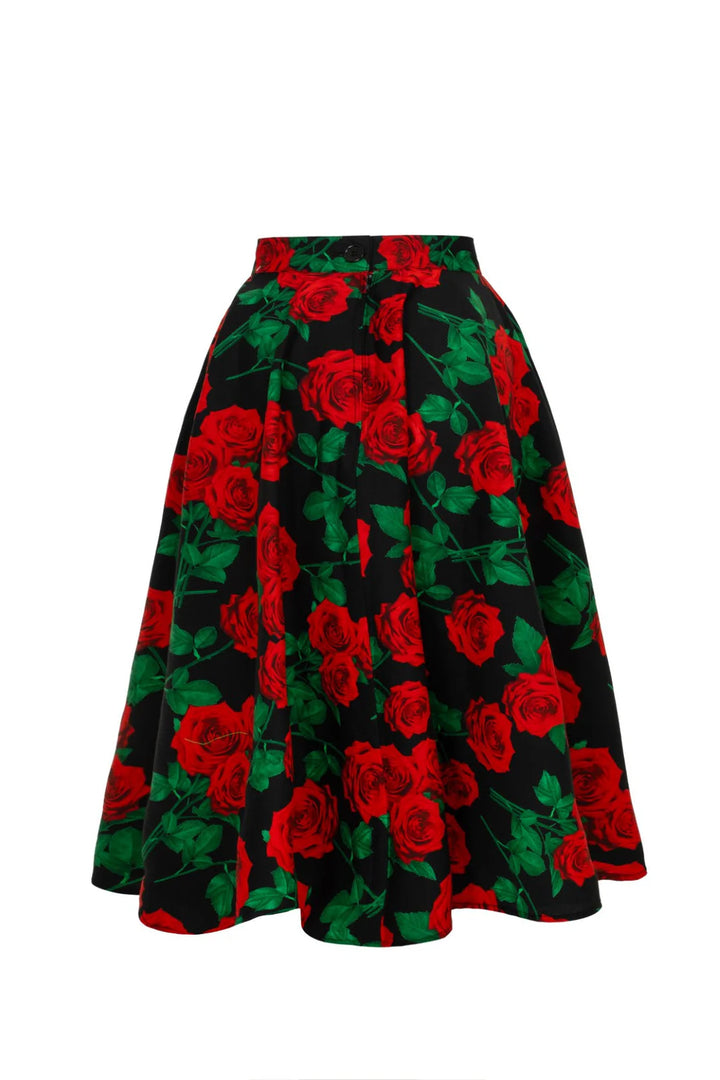 Hell Bunny Dolce Vita Rose Print Circle Skirt – Black Vintage 50s Skirt