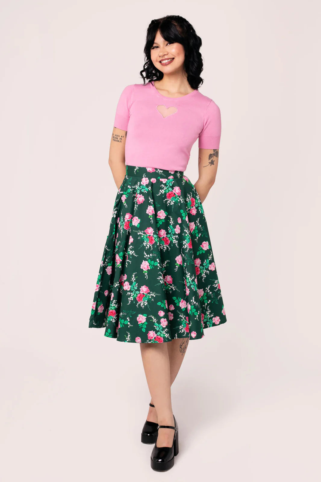 Hell Bunny Mabel Rose Circle Skirt – Green 50s Vintage Skirt