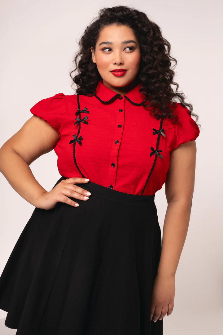 Hell Bunny Casey Red Bow Trim Blouse