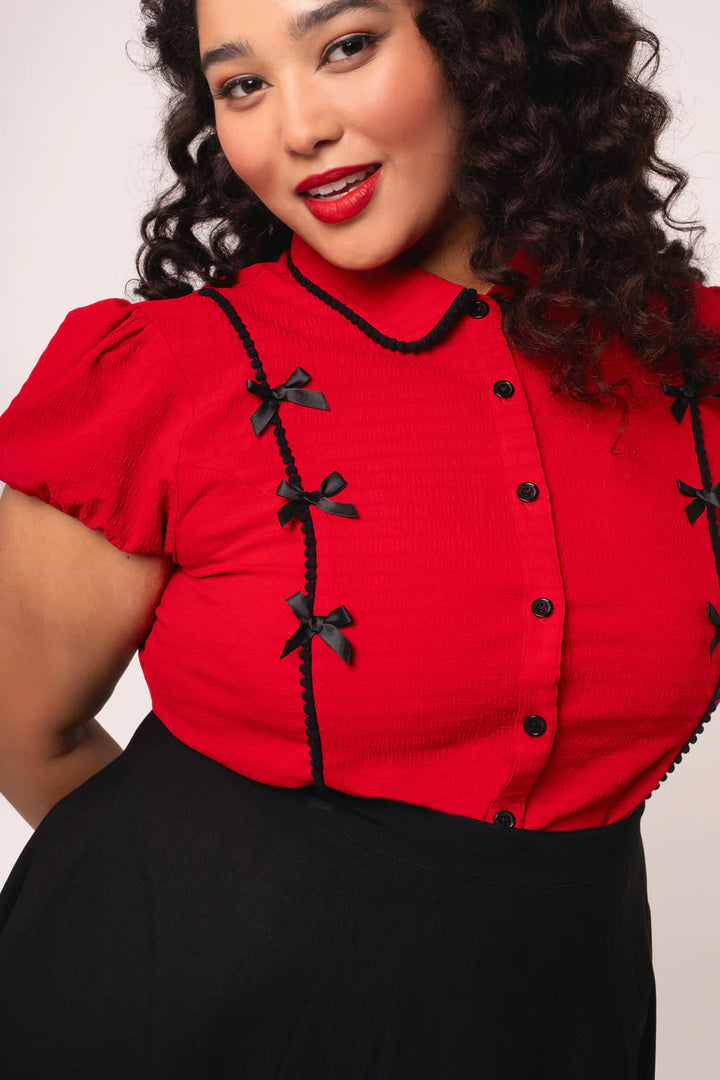 Hell Bunny Casey Red Bow Trim Blouse