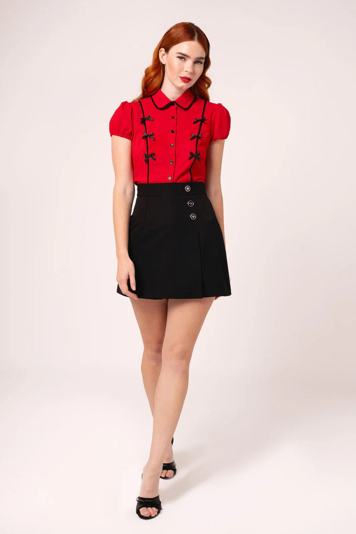 Hell Bunny Casey Red Bow Trim Blouse
