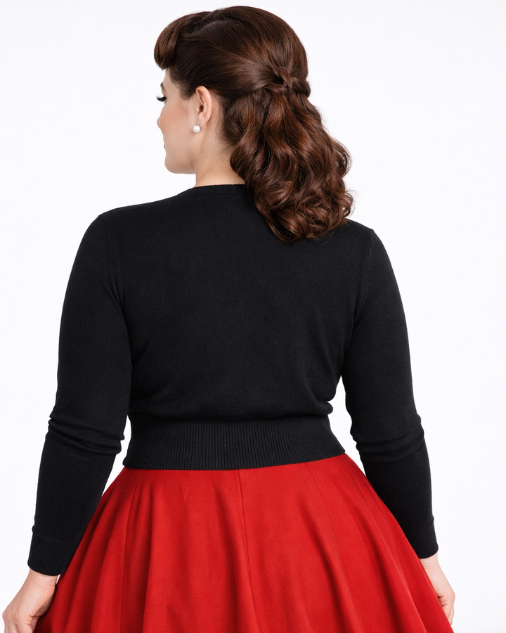 Hell Bunny Paloma black cardigan back view vintage style knit cardigan