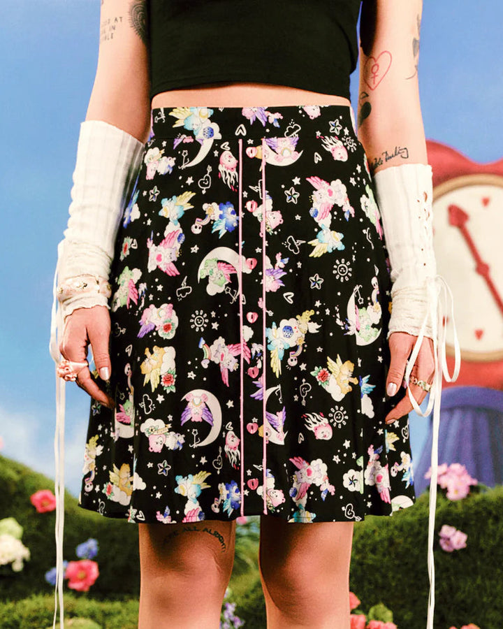 Hell Bunny x Care Bears™ Roxi black printed mini skirt with heart buttons, pink piping and tattoo-inspired Care Bears™ motifs