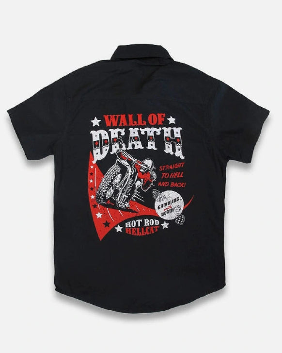 Hotrod Hellcat wall of death kids worker shirt button up rockabilly black childrens shirt back print