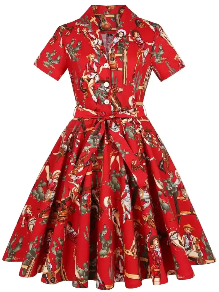 Red dress with vintage-style print on a white background,with cowgirl western print