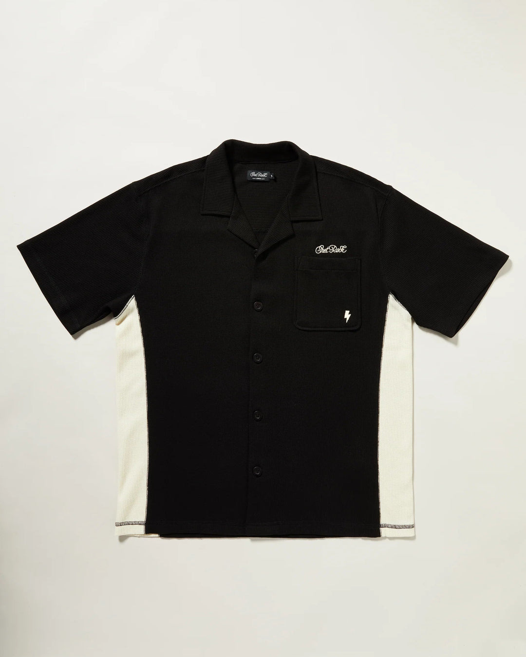 Chet Rock Sienna waffle shirt for men in black and cream with contrast panels and chest pocket embroidery