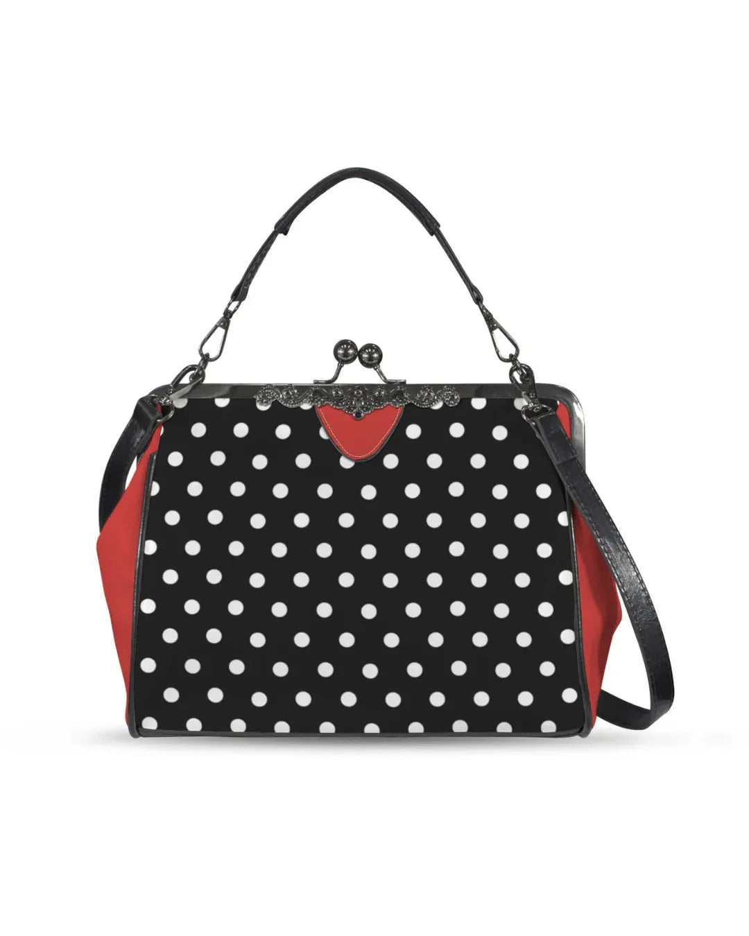 Polly Kisslock Vintage Handbag in black and white polka dots with red trim, stylish and functional retro purse.