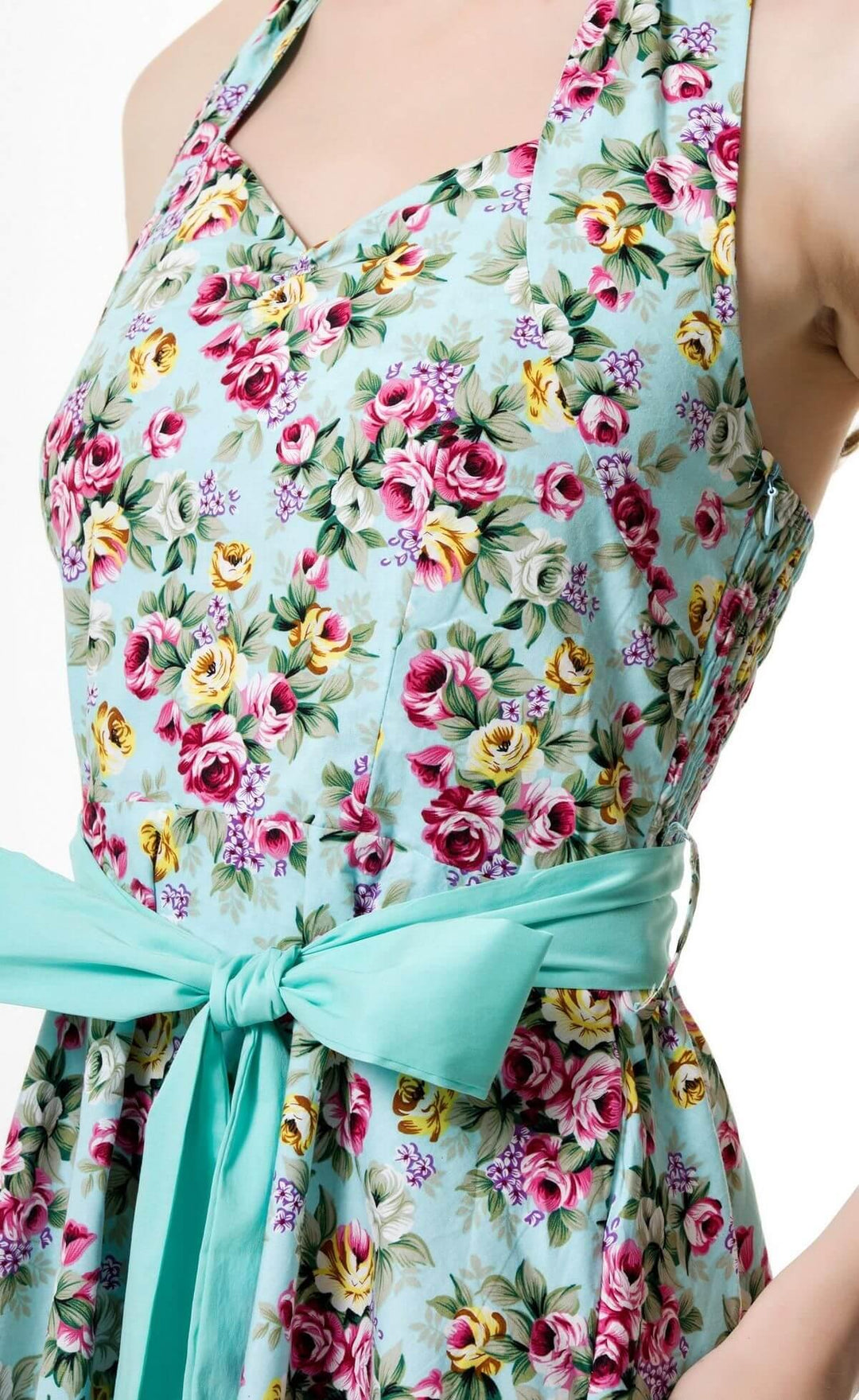 Poison Arrow Retro vintage inspired halter dress in teal with all-over floral rose print, fit and flare skirt and wide matching waist tie bow
