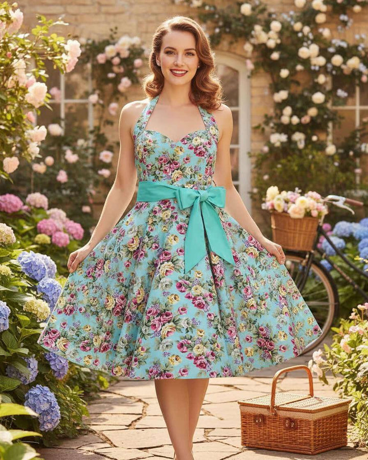 Model wearing a teal floral halter dress with rose print and full swing skirt, styled in a classic 1950s pin-up silhouette
