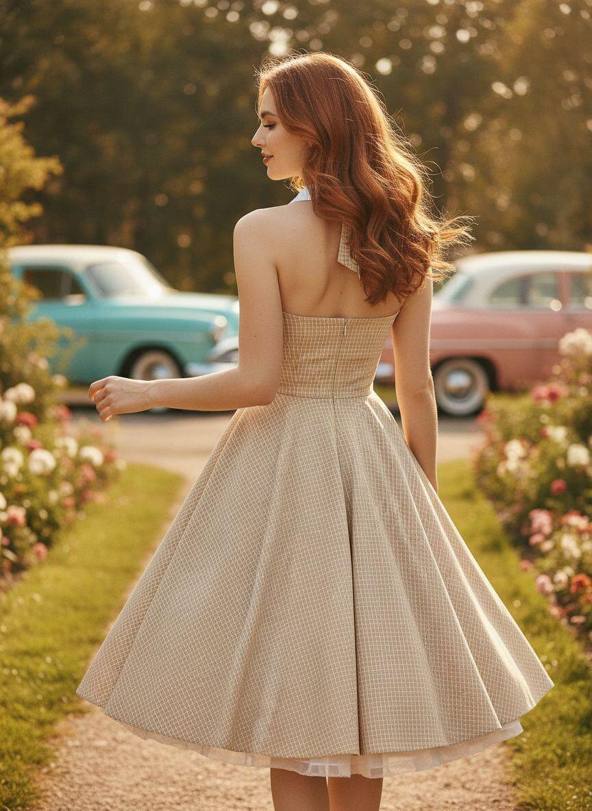 Poison Arrow Retro beige check halter dress with contrast white collar, button front detail and 1950s style full circle skirt

