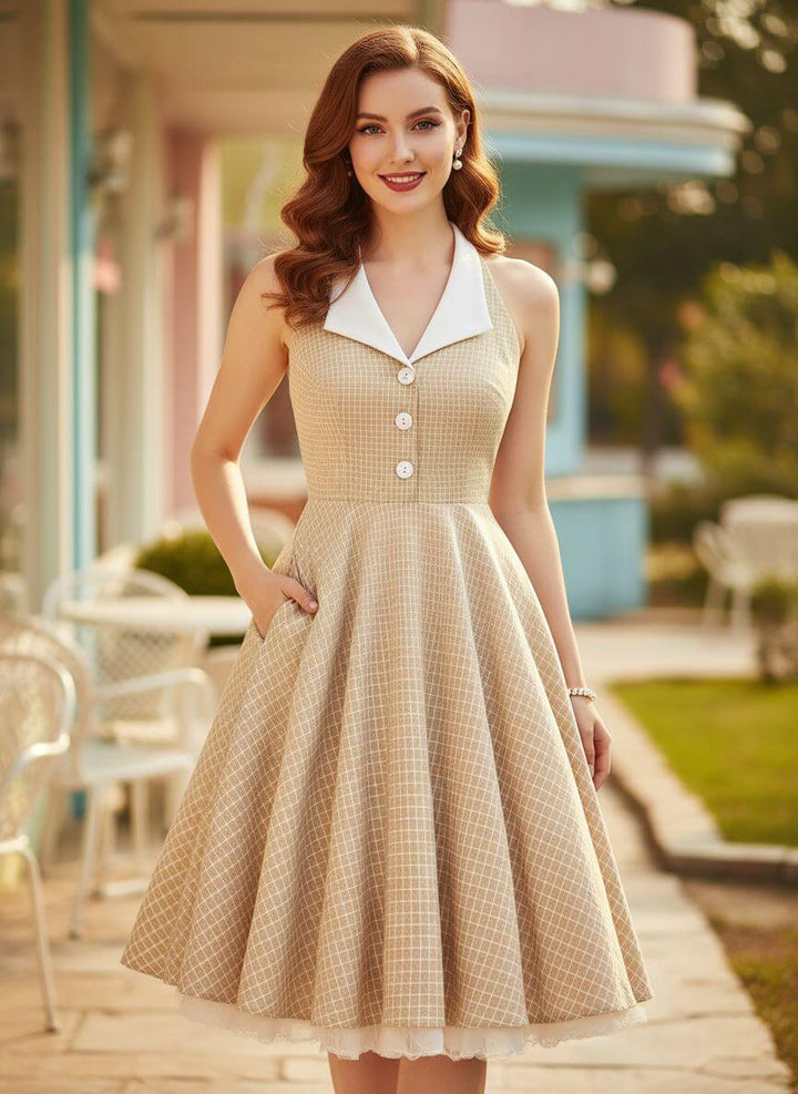 Model wearing a beige check halter dress with button front bodice in a classic vintage pin-up style
