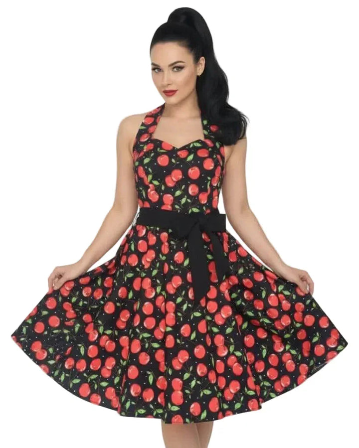 Black vintage-style women’s halter dress with red cherry print and full swing skirt
