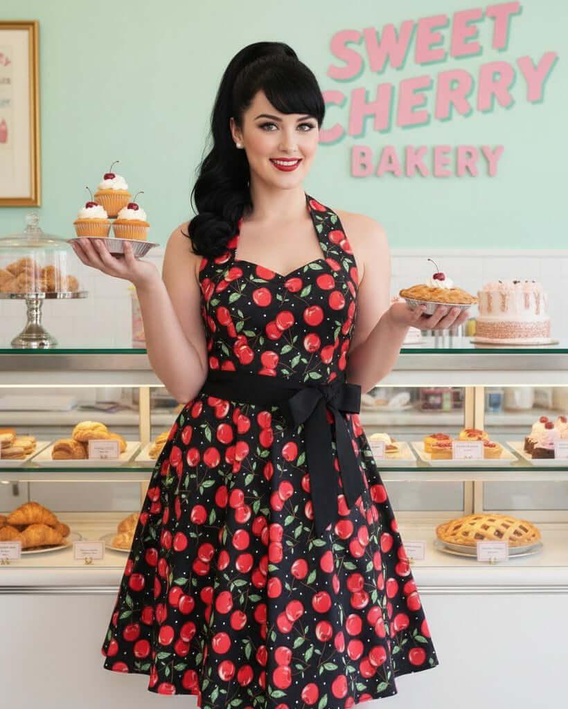 Poison Arrow Retro black halter dress with all-over red cherry print, fitted bodice, wide waist tie and 1950s style full circle skirt

