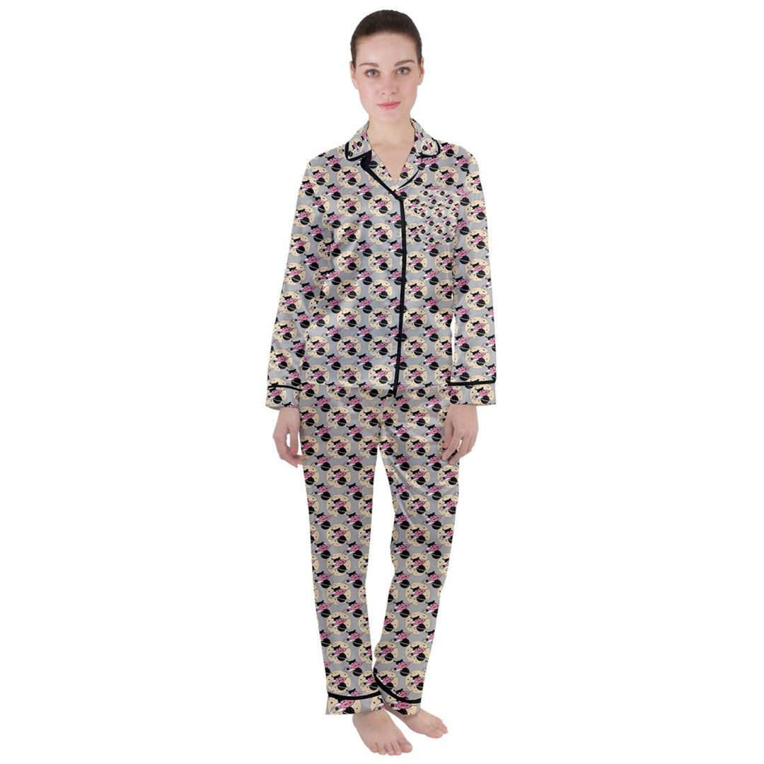 Cosmic Kitties Silver Women's Long Sleeve Satin Pyjamas Set