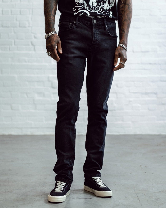 Chet Rock Hellfire jeans in washed black denim with skinny fit and gunmetal hardware