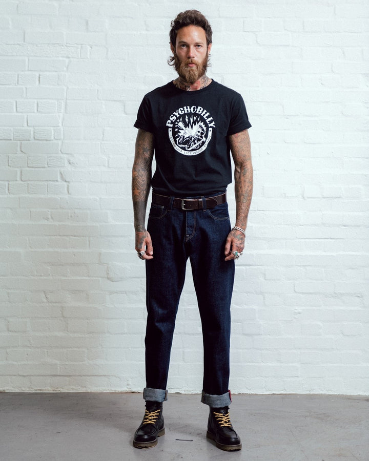 Chet Rock Tokyo jeans in dark indigo rinse wash denim with comfort fit and statement back pocket detail