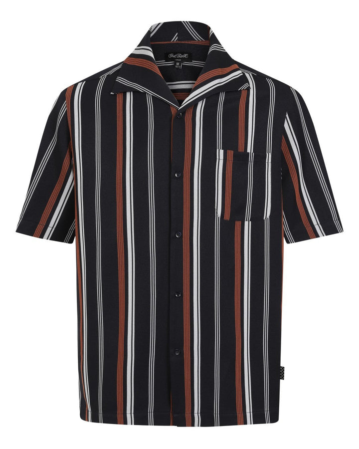 Chet Rock Brad stripe Cuban shirt for men in navy with rust and white vertical stripes