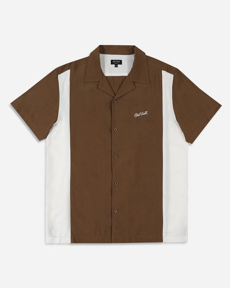 Chet Rock Austin bowling shirt in light brown with off-white side panels and embroidered chest logo