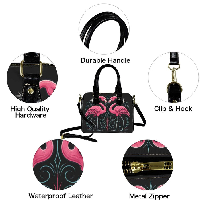 Custom Flamingos Handbag showcasing durable handle, high quality hardware, waterproof leather, and metal zipper features.