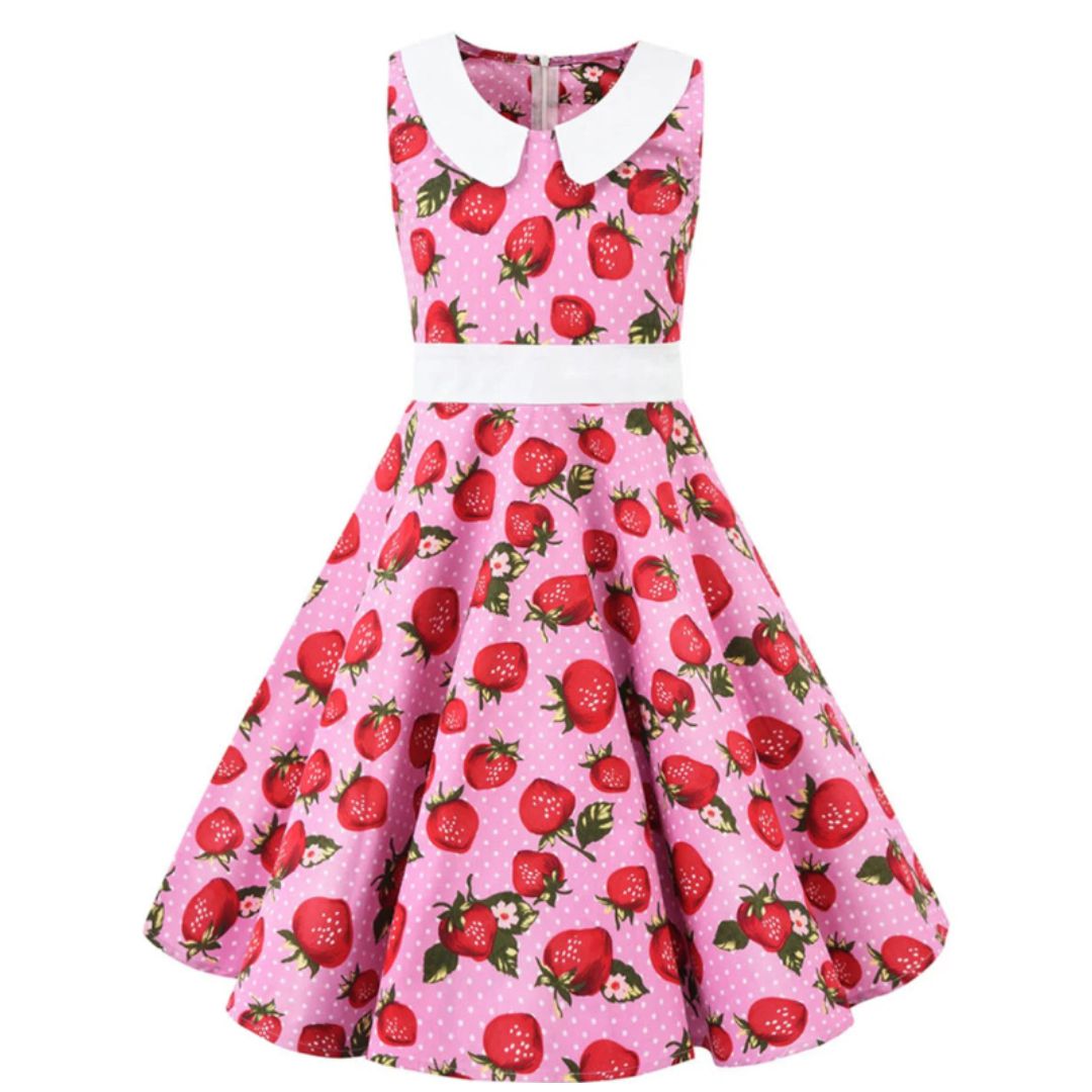 Girls Strawberry Polka Dot Pink Rockabilly Dress
