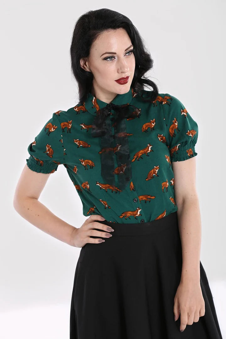 Hell Bunny Vixey Fox Print Blouse Dark Green
