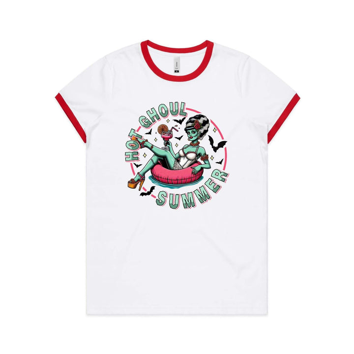 Hot Ghoul Summer women's ringer tee featuring Bride of Frankenstein in a playful summer setting.