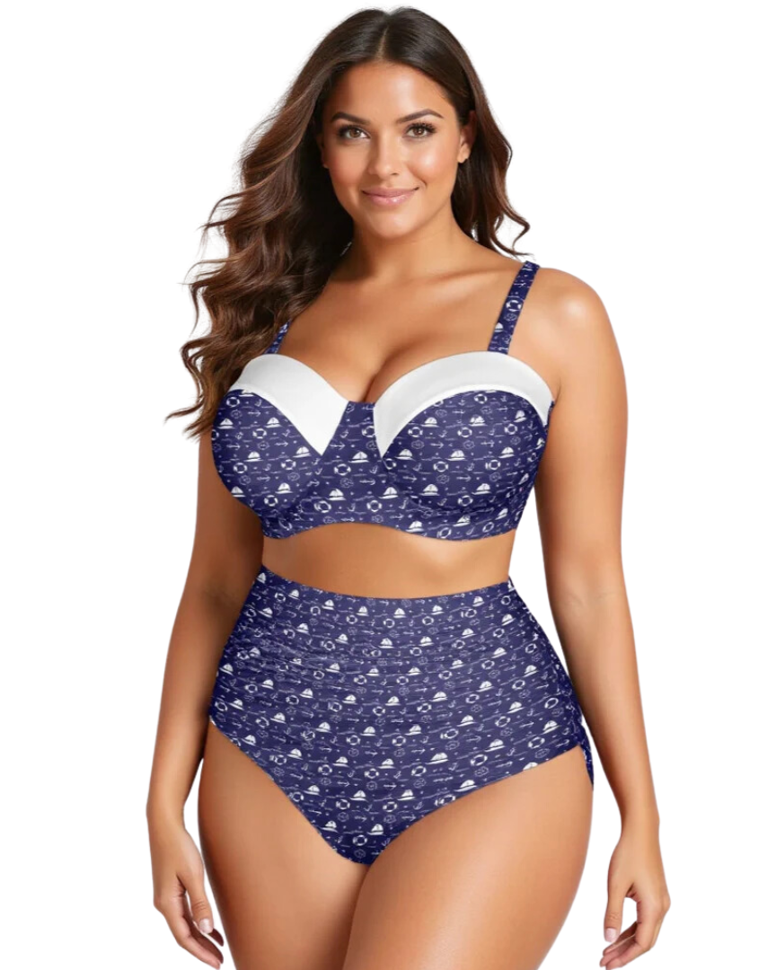 Woman wearing a navy retro nautical print blue and white patterned vintage bikini on a white background
