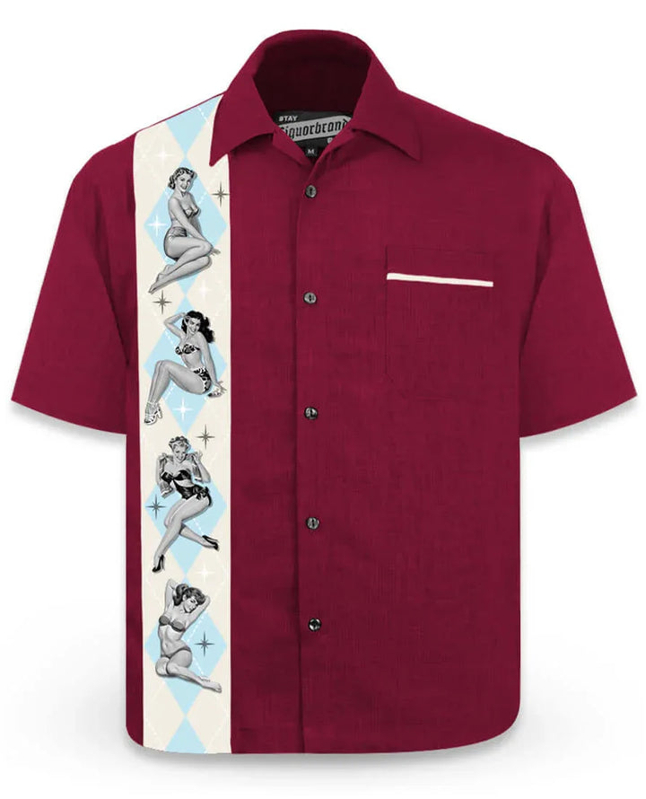 Men's burgundy bowling shirt featuring Hawaiian hula girl print, lightweight polyester fabric, easy care.